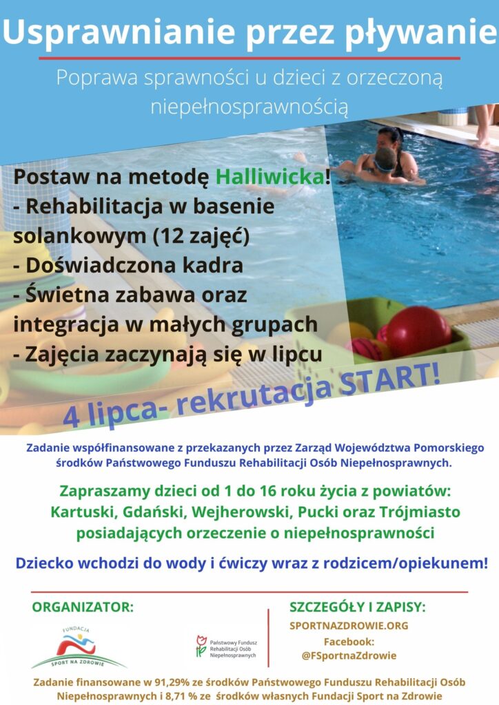 usprawnianie przez pływanie, poprawa sprawności u dzieci niepełnosprawnych, metoda Halliwicka, basen solankowy w Sopocie, 12 zajęć, świetna zabawa w basenie, rehabilitacja
